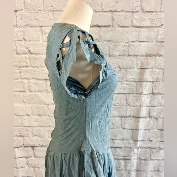 Vintage 80s Denim Chambray Maxi Dress Basketweave Sleeve Blue Flowy Grunge - Picture 10 of 14